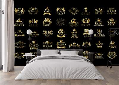 Golden Hotel Luxury Logo Set - Isolated On Black Background, Vector.Icons Collection Of Golden Hotel Logo, Emblem And Label.Useful For Badge,Seal And Design Template.Vector Illustration Of Luxury Logo Wall mural