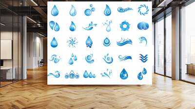 Water Splash Vector And Drop Logo Set - Isolated On White Background. Vector Collection Of Flat Water Splash and Drop Logo. Icons For Droplet, Wave, Rain, Raindrop, Company Logo And Bubble Design Wall mural