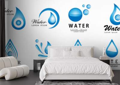 Water Splash Vector And Drop Set - Isolated On White. Abstract Vector Collection Of Flat Water Splash and Drop Logo. Icons For Droplet, Water Wave, Rain, Raindrop, Company Logo And Bubble Design Wall mural