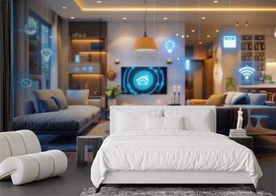 Living room integrated with smart home technology, showcasing digital icons for various smart functionalities and home automation. Wall mural