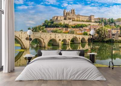 Panoramic view at the Old Bridge over Orb river with Cathedral of Saint Nazaire in Beziers - France Wall mural