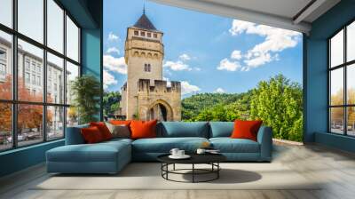 View at the Tower of Valentre bridge over Lot river in Cahors ,France Wall mural