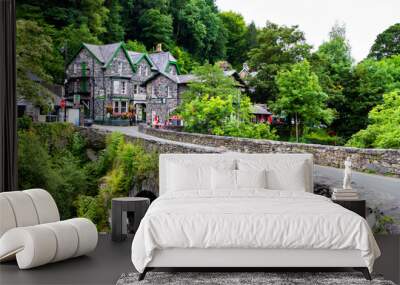 BETWS-Y-COED - WALES - AUGUST 30, 2017: Old stone house by in old peaceful village  in Snowdonia National Park, England, United Kingdom Wall mural