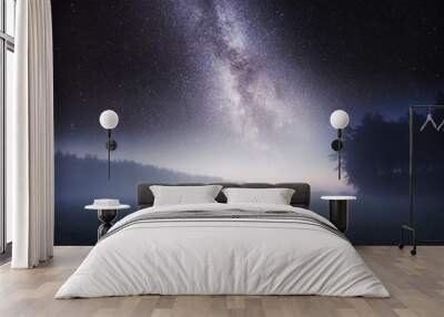 Dreamy surreal landscape with starry night sky and man silhouette Wall mural