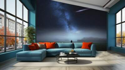 Dreamy surreal landscape with starry night sky and man silhouette Wall mural