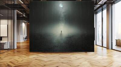 Surreal horror scene with alone strange man in dark night forest Wall mural