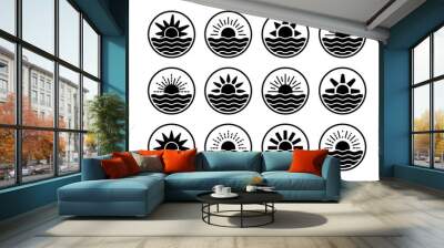 Sunrise over sea, ocean. Sunset over lake, river. Summer round labels, emblems with sun & waves. Set of flat symbols for travel & tourism. Black & white vector illustration Wall mural