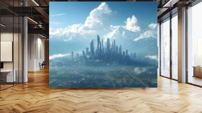 City skyline with modern architecture under a bright blue sky Wall mural