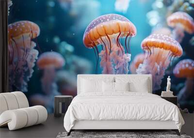 Colorful jellyfish glowing in the dark ocean wallpaper pictures Wall mural