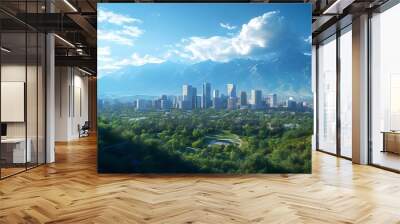 Daytime view of a city skyline under a clear blue sky Wall mural