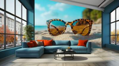 Fashionable cheetah print sunglasses captured in stylish photos Wall mural