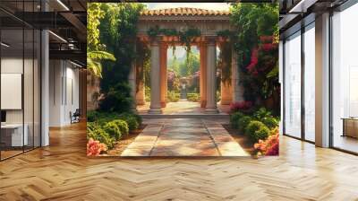 Historic Greek portico with tall Ionic columns and sculpted decor on the pediment Wall mural