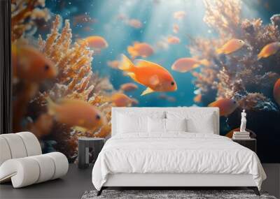 Pictures of diverse coral reefs surrounded by schools of colorful fish Wall mural