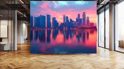 Rising sun casts glow on foggy cityscape captivating images Wall mural