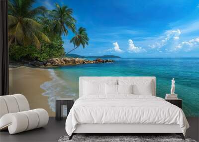 Scenic tropical beach with vibrant turquoise waters and lush palm trees ideal for vacation backgrounds Wall mural