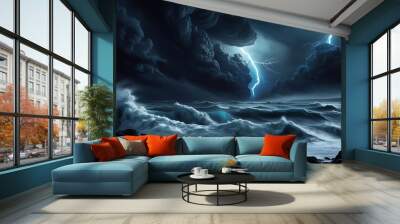 Stormy sea wallpaper with dark skies and crashing waves below Wall mural