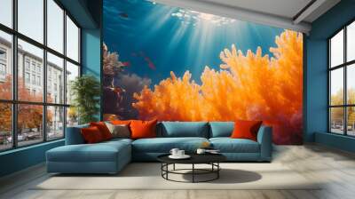 Stunning coral formations of orange and purple in a vibrant reef Wall mural