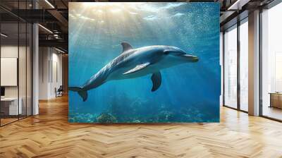 Stunning dolphin leaping from the sea perfect for illustrating the beauty and agility of aquatic creatures Wall mural