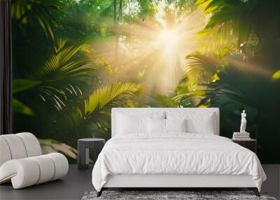 Thick tropical jungle covered with bright flowers and foliage Wall mural