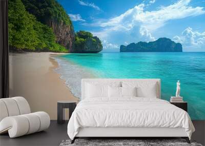 Tranquil tropical beach with crystal-clear turquoise waters perfect for calming and high-definition wallpapers Wall mural