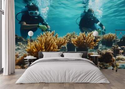 Underwater photo of a diver observing a beautiful coral garden Wall mural