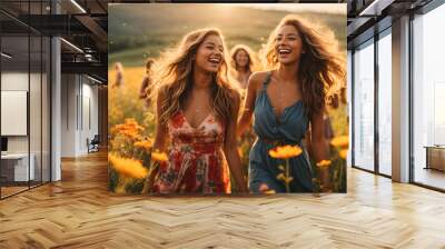 A vibrant and colorful scene of a group of friends laughing and dancing in a field of wildflowers, with the sun shining down and casting a warm glow on their faces. Wall mural