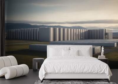 Futuristic energy storage systems such as advanced batteries or grid-scale storage facilities, showcasing how energy storage contributes to sustainability. Copy space. Wall mural