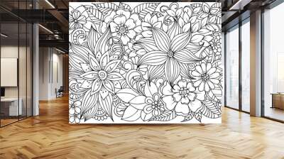 Black and white flower pattern for adult coloring book. Doodle floral drawing. Art therapy coloring page. Wall mural