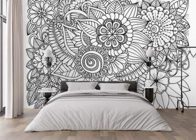 Black and white flower pattern for coloring. Wall mural