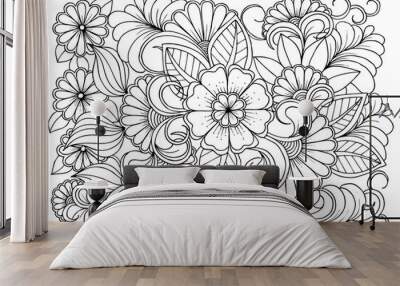 Coloring page in black and white for colouring book. Leafs and flowers  in monocrome colors. Doodles pattern vector Wall mural