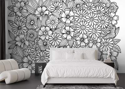 Magical adult coloring page with flowers and leaves Wall mural