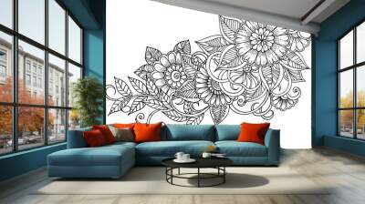 Page for coloring book. Outline flowers. Doodles in black and white Wall mural