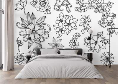 Set of doodle floral design elements in black and white Wall mural