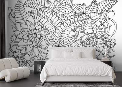 Vector black and white colorin page for colouring book. Leafs and flowers  in monocrome colors. Doodles pattern Wall mural