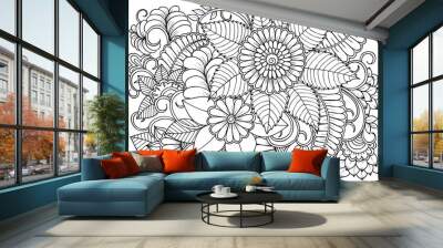 Vector black and white colorin page for colouring book. Leafs and flowers  in monocrome colors. Doodles pattern Wall mural