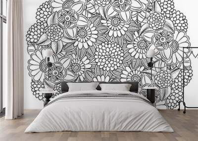 Vector floral mandala in black and white. Round pattern for coloring Wall mural