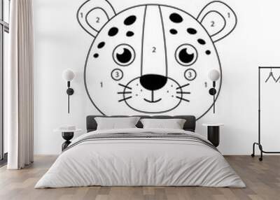 Color cute leopard face by numbers. Worksheet for kids. Wall mural