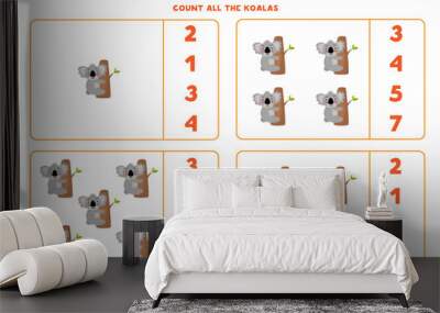 Count all koalas and circle the right answer. Math game for preschool kids. Wall mural