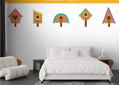 Match colorful wooden birdhouses and colors. Educational worksheet for kids. Wall mural