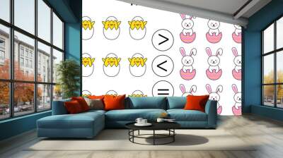 More, less or equal with cute cartoon Easter rabbits and chicks. Wall mural