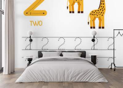 Trace numbers. Number 2 two. Cute cartoon giraffes. Wall mural