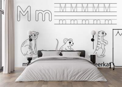 Trace uppercase and lowercase letter M. Animal alphabet for kids. Wall mural