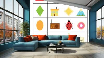 Worksheet for learning geometrical shapes. Matching objects. Wall mural