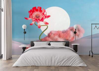 Abstract beauty podium backdrop for product display with log and flower on the water. 3d seascape background. Wall mural