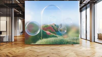 Abstract spring flower landscape scene with water bubble. 3d rendering. Wall mural