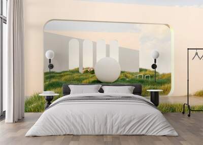 abstract spring summer landscape scene with geometric form. lake and flower view. 3d rendering. Wall mural