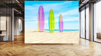 Abstract summer beach scene with surfboard background. 3d rendering. Wall mural