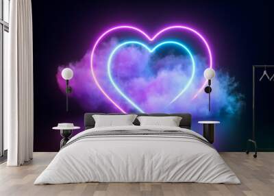 Futuristic Modern empty stage. Reflective dark room with glowing neon heart shape and cloud. 3d render. Wall mural