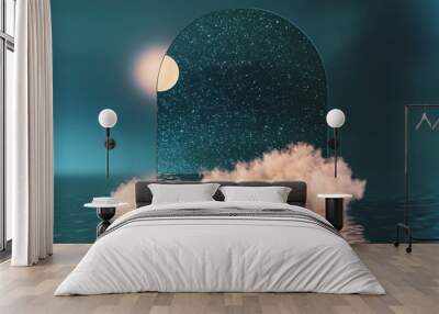 Natural beauty podium backdrop for product display with dreamy cloud and arch frame.3d seascape Night scene. Wall mural