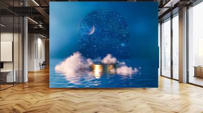 Natural beauty podium backdrop for product display with dreamy cloud and arch frame.3d seascape Night scene. Wall mural